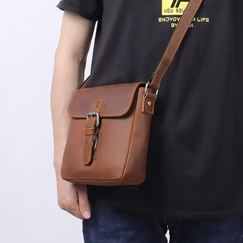 Tas Selempang Bahu Pria Vintage Tas Persegi Kurir Kulit Asli Garut Crazy Horse