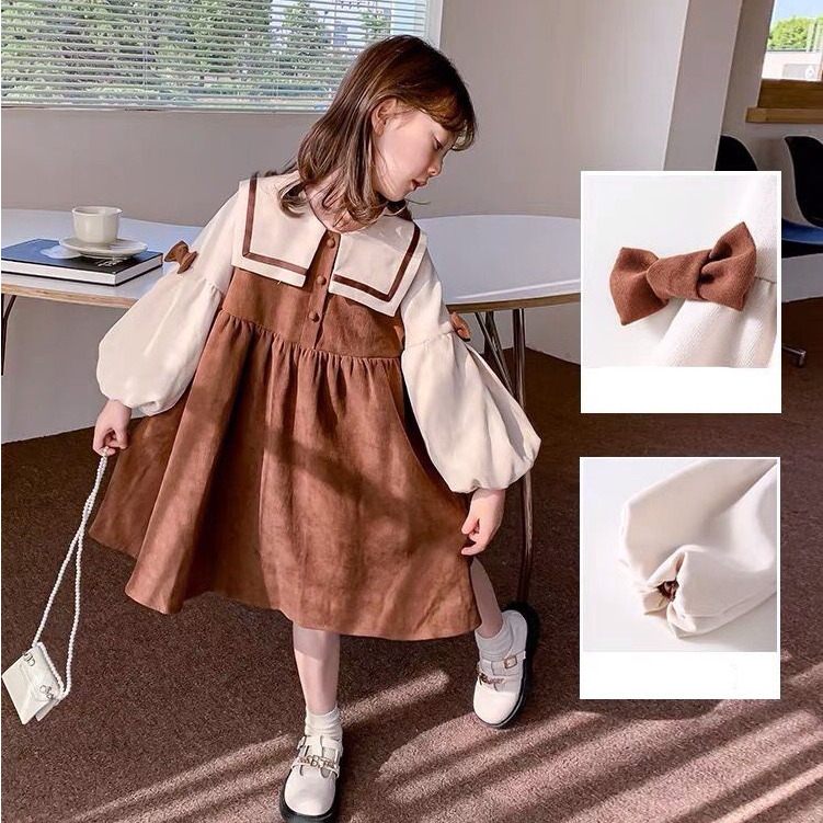 Dress Anak Perempuan Corduroy Lengan Panjang Pita Cokelat