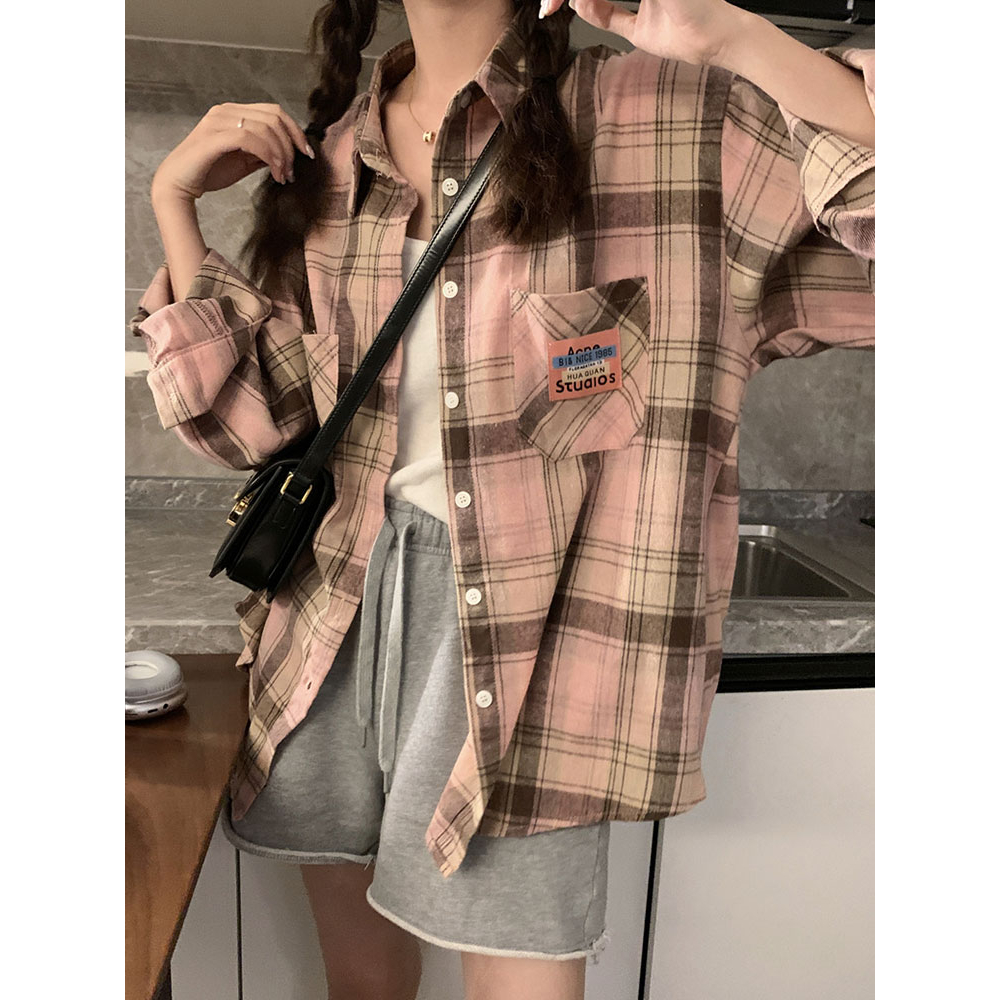 kemeja wanita lengan panjang loose causual korean style Kotak-kotak blouse import baju atasan wanita