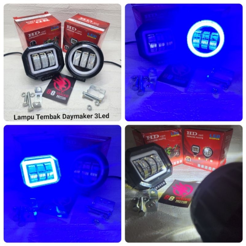 Lampu Tembak Daymaker 3 LED +Lampu Ring Biru - Lampu Daymaker 3 Led Variasi Putih - Biru