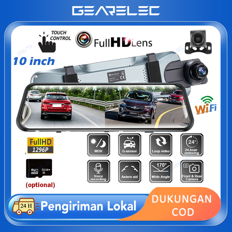 ⚡kamera mundur gratis⚡GEARELEC D10  Dash Cam Car DVR Camera 10 inch Touch Screen Rearview Mirror Full HD 1296P G-Sensor Motion Detection Loop RecordingNight Vision Stream Media