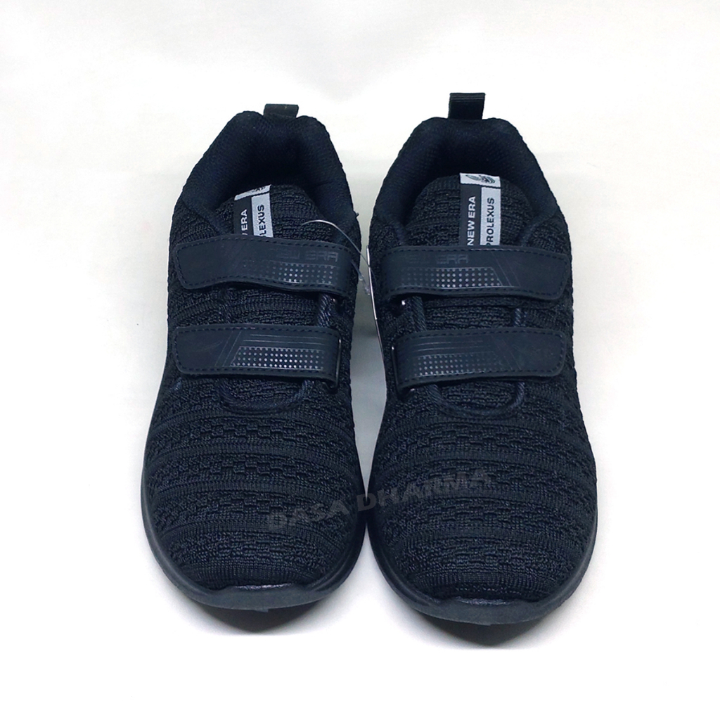 Sepatu New Era Daniel 01 V Prepet Sekolah Anak SD Sneakers Perekat Hitam Polos Size 34 - 37