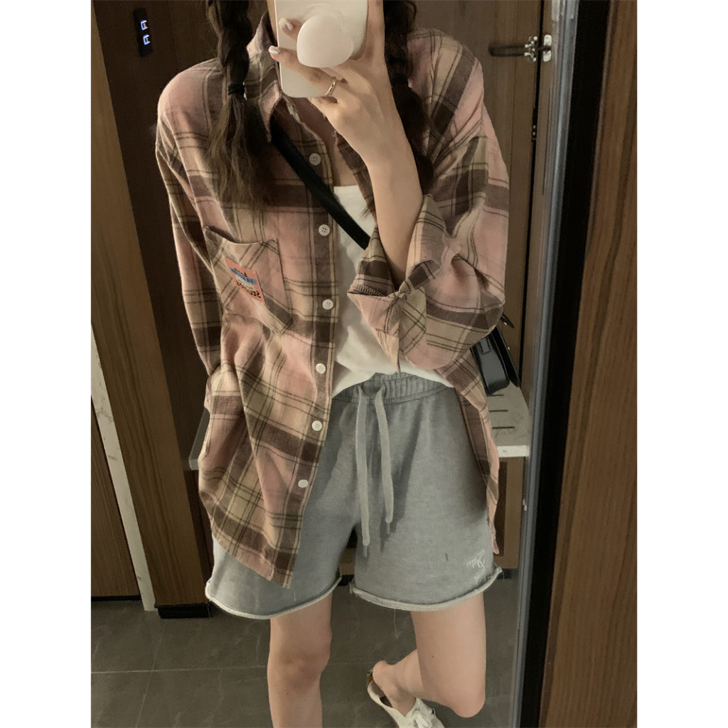 Korea Style Fashion Kemeja Panjang Kasual Atasan Baju Wanita Plaid Blouse Shirt