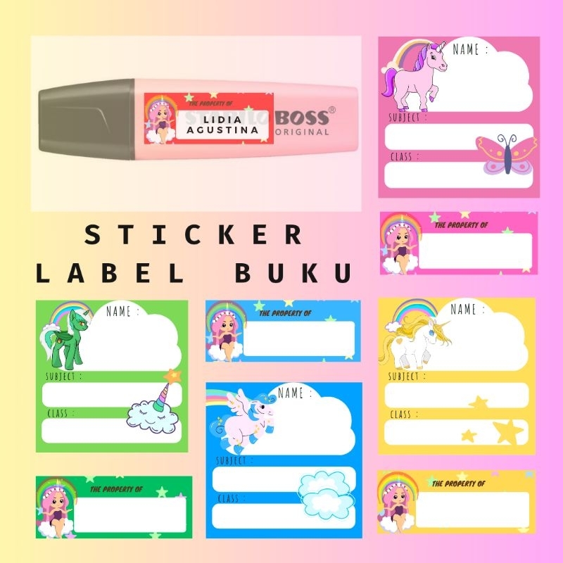 

HOBBY HOME Sticker Label Nama untuk Buku dan Alat Tulis motif UNICORN 5x5cm dan 5x2cm