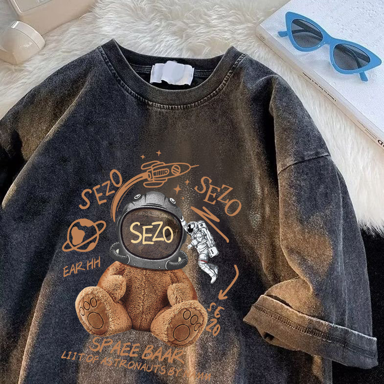 RDGF kaos cowok keren kaos kekinian (kapas 100%) Washed oversized kaos oversize cowok Teddy bear graphic T-shirt black washed tshirt/A0148