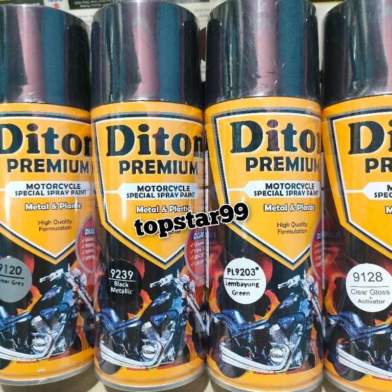 Diton Premium Paket Lengkap 4 Kaleng 400cc Hitam Metalik Lembayung Green Hijau Primer Grey 9120 Black Metalic 9239 Clear Glossy 9128 Pilox Pilok Cat Semprot Spray Paint