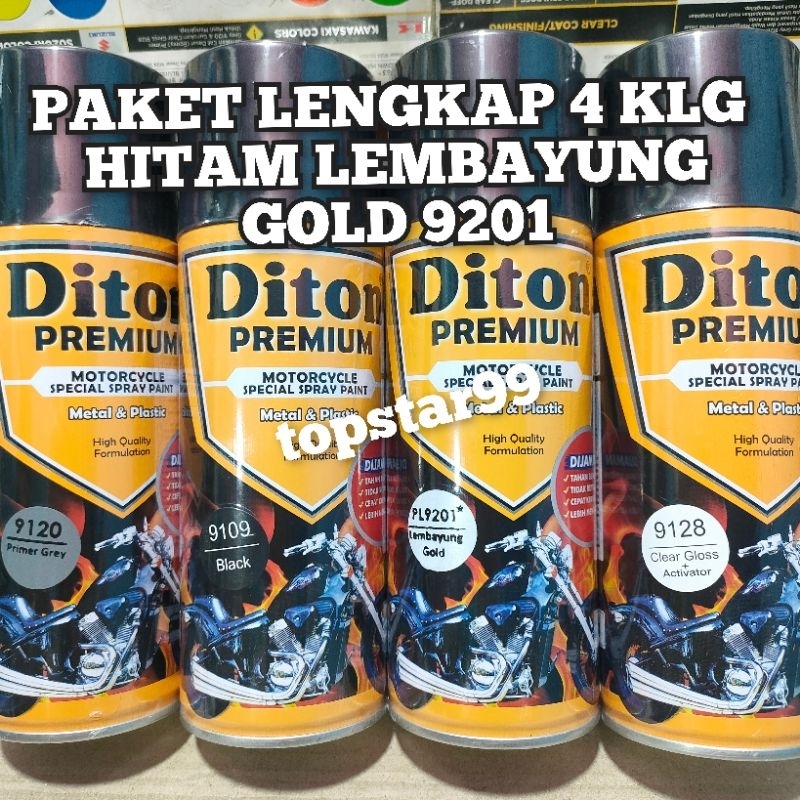 Diton Premium Paket Lengkap 4 Kaleng 400cc Hitam Lembayung Gold Emas 9201 Primer Grey 9120 Black 9109 Clear Glossy 9128 Pilox Pilok Cat Semprot Spray Paint