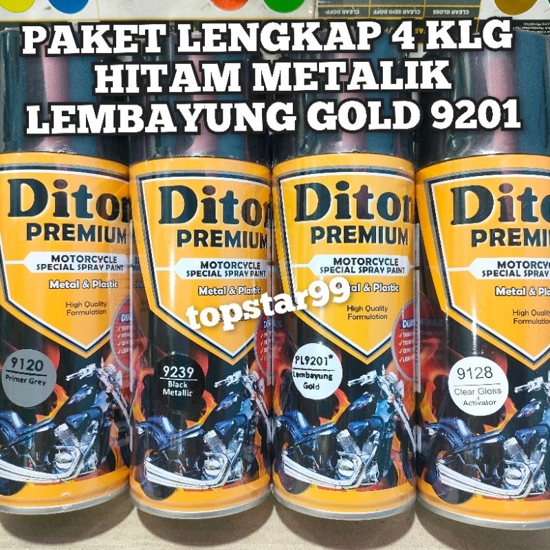 Diton Premium Paket Lengkap 4 Kaleng 400cc Hitam Metalik Lembayung Gold Emas 9201 Primer Grey 9120 Black Metalic 9239 Clear Glossy 9128 Pilox Pilok Cat Semprot Spray Paint