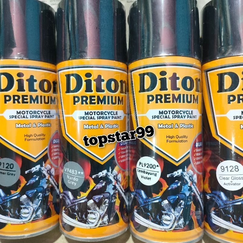 Diton Premium Paket Lengkap 4 Kaleng 400cc Abu-Abu Lembayung Violet Ungu 9200 Primer Grey 9120 Nardo Grey 9483 Clear Glossy 9128 Pilox Pilok Cat Semprot Spray Paint