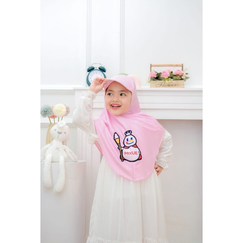 Hijab anak bergo topi mixue layer oval//hijab instan anak real pict//hijab anak lucu//hijab anak pau