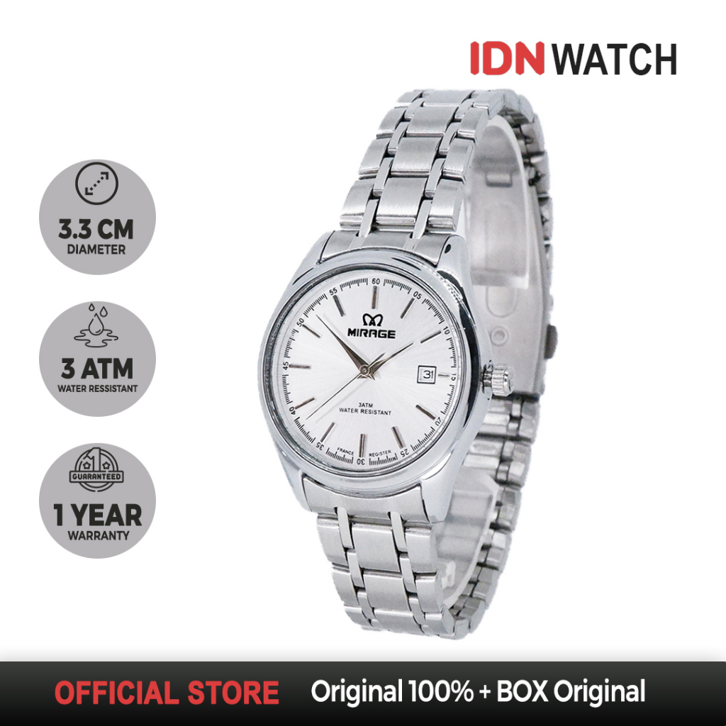 Jam Tangan Mirage Wanita Analog Casual Semi Formal Tahan Air 3ATM Mirage Silver 8680 L