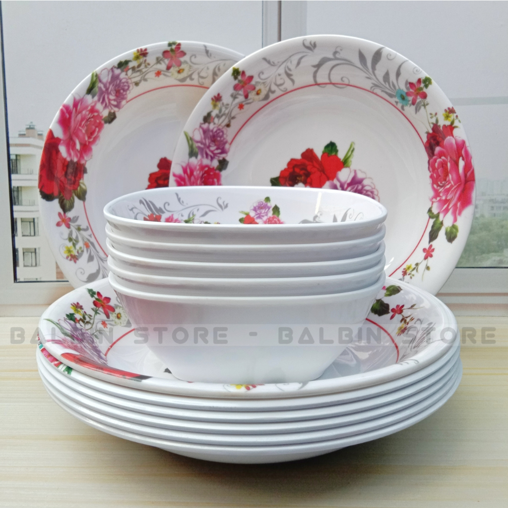 PROMO 12.PCS ISI PIRING MELAMINE UK.23 CM DAN MANGKUK MELAMINE UK.15 CM MOTIF KEMBANG BAHAN MELAMIN KUALITAS SNI