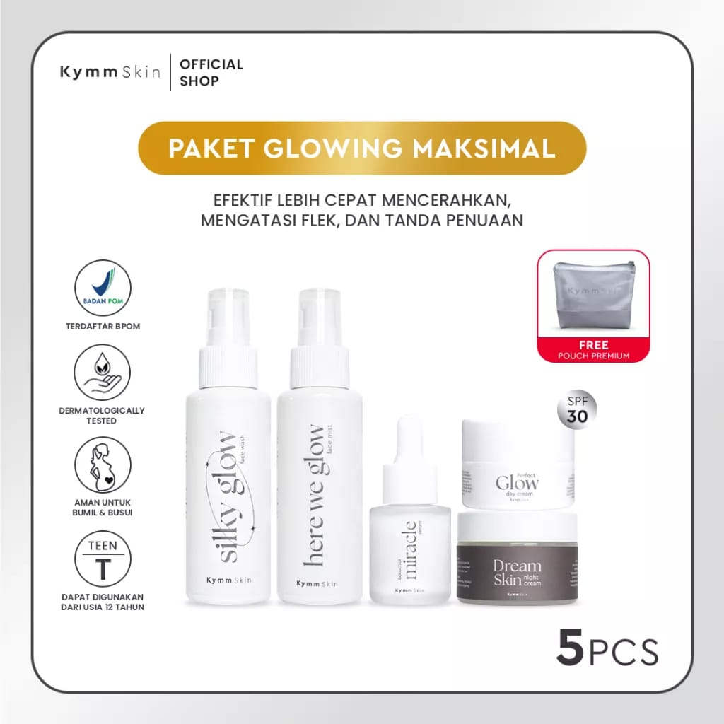 KYMM SKIN 5PCS PAKET SKINCARE LENGKAP PAKET GLOWING KYMMSKIN PREMIUM DAPAT POUCH MECERAHKAN DAN MENGLOWONGKAN MENGATASI FLEK HITAM