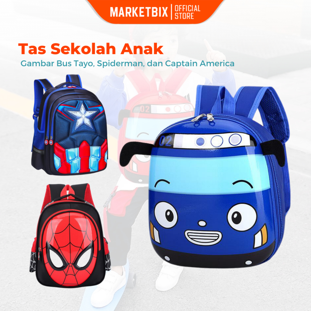 Tas Ransel Sekolah Anak Gambar Bus Tayo Spiderman Backpack Perempuan Laki-Laki