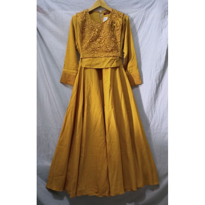 Gamis Taris Busana brukat mix moscrepe mustard minim riject