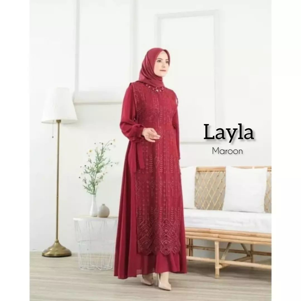 Layla Dress Ceruty Babydoll Mix Brukat Gamis Kondangan Mewah Muslim Pesta Inner Dan Outer Terpisah Baju Wanita Kekinian