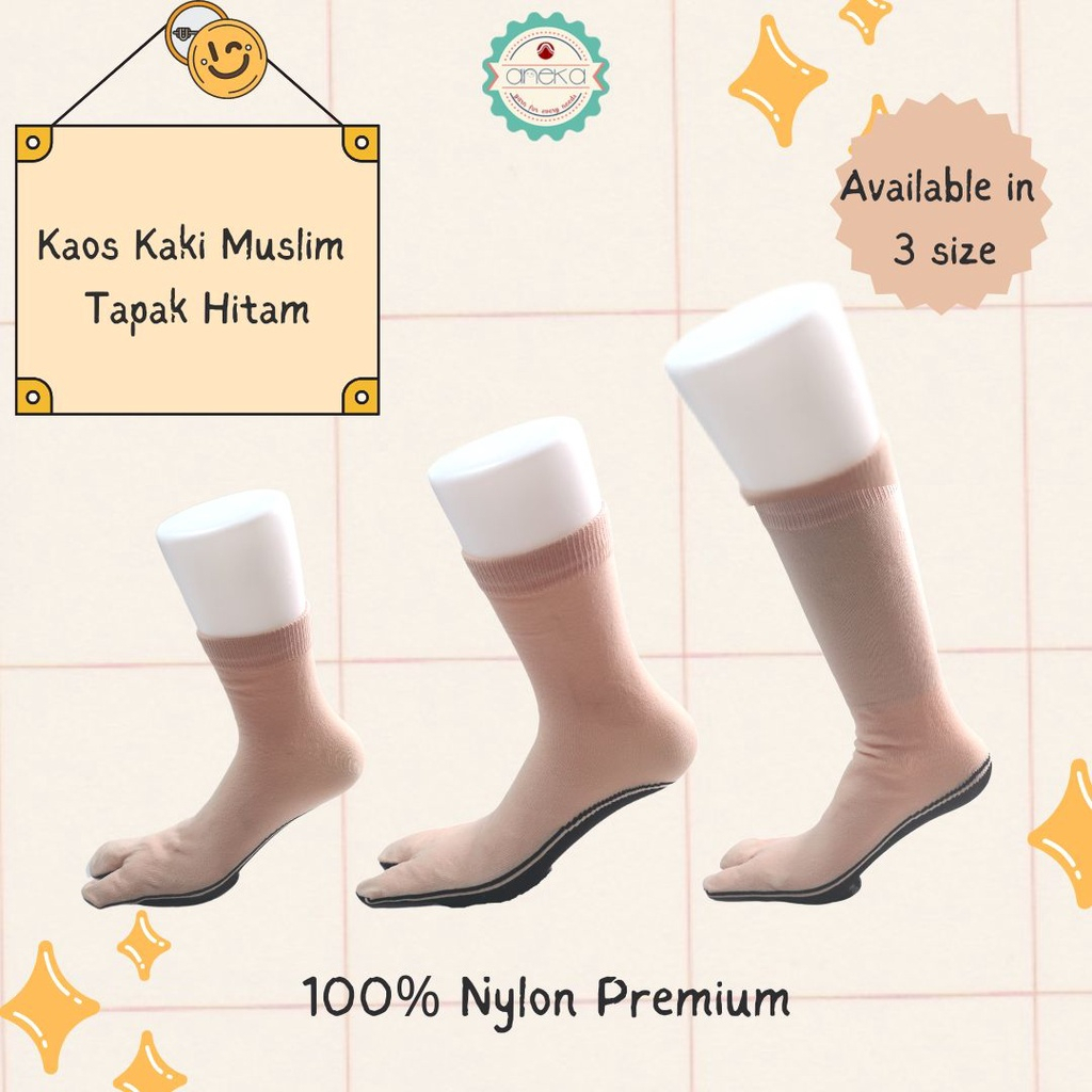 ANEKA - [1 Lusin] Kaos Kaki Nilon Nylon Warna / Jempol / Muslimah / Muslim - Tapak Hitam Ukuran L / M / S