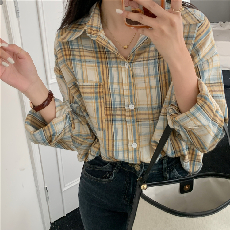 kemeja wanita lengan panjang causual american retro loose plaid shirt blouse wanita kekinian