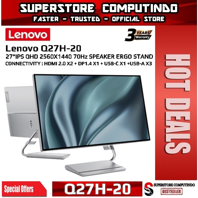 Monitor Lenovo Q27H-20 27&quot; IPS QHD 1440p 70Hz HDMI DP USB-C Speaker