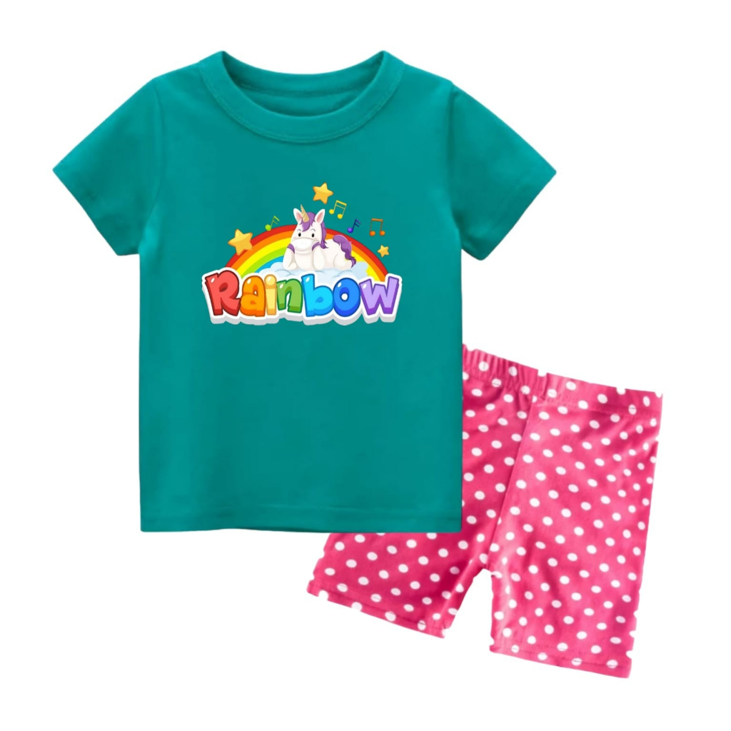 Rdkidzid Set Baju Kaos Lengan Pendek Anak Perempuan Motif Pony Rainbow