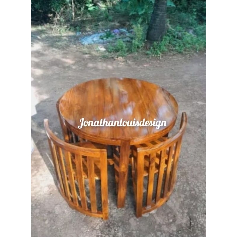 Meja makan bulat 4 kursi minimalis jati/set meja makan bulat minimalis