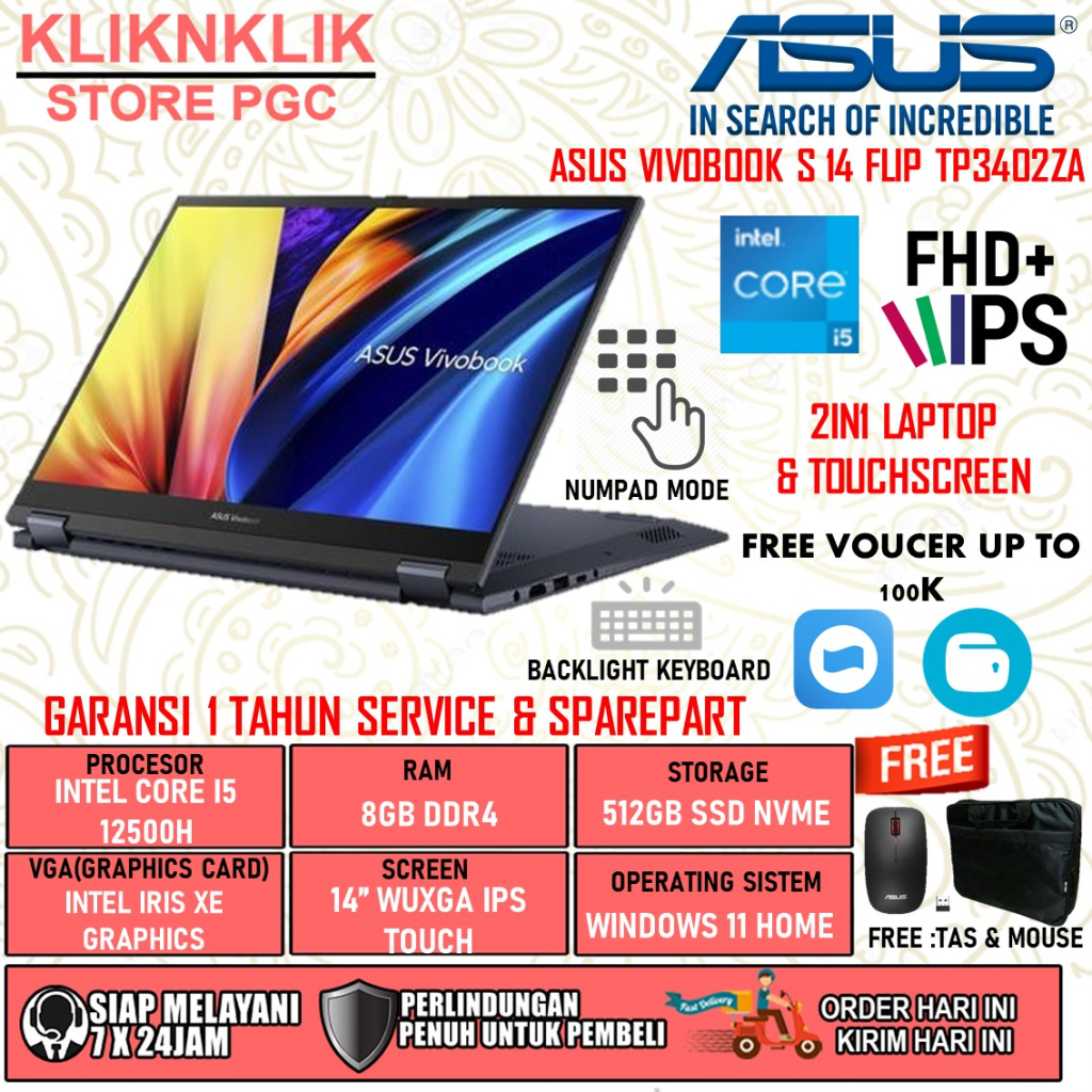 LAPTOP ASUS VIVOBOOK S 14 FLIP OLED TP3402ZA INTEL I5 12500H 8GB 512GB WUXGA IPS TOUCH BACKLIGHT WINDOWS 11 HOME QUIET BLUE