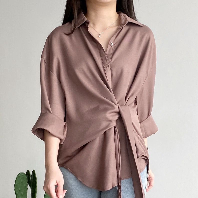 Lalita Shirt Bahan Shakila Kemeja Wanita Full Kancing Lengan Panjang Ikat Tali Korean Style OOTD Remaja