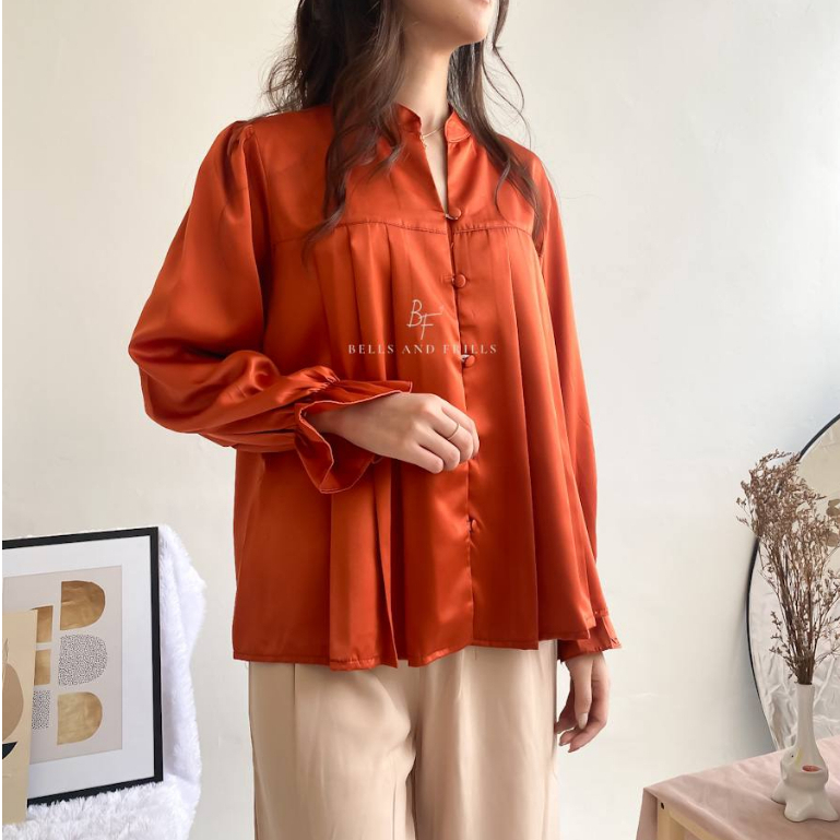 ALUNA Blouse Kerah Shanghai - Puffy Top Satin - Atasan Tangan Panjang  Busui Friendly 0436