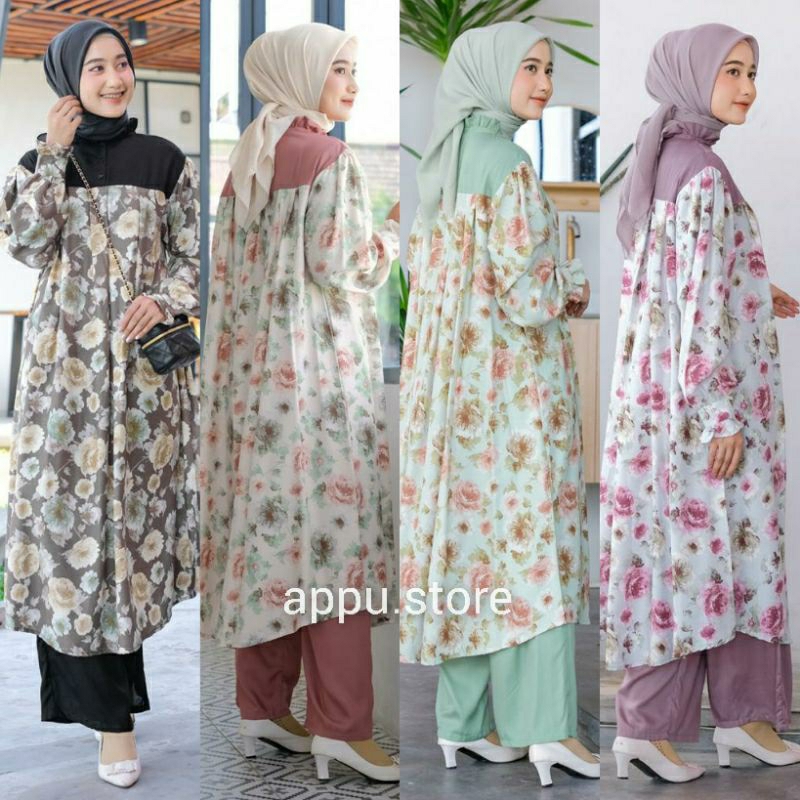 Vente Daily Gea One Set Wanita Jumbo Rayon Viscose Combi Rayon Polos Premium Motif Bunga Bunga Polos