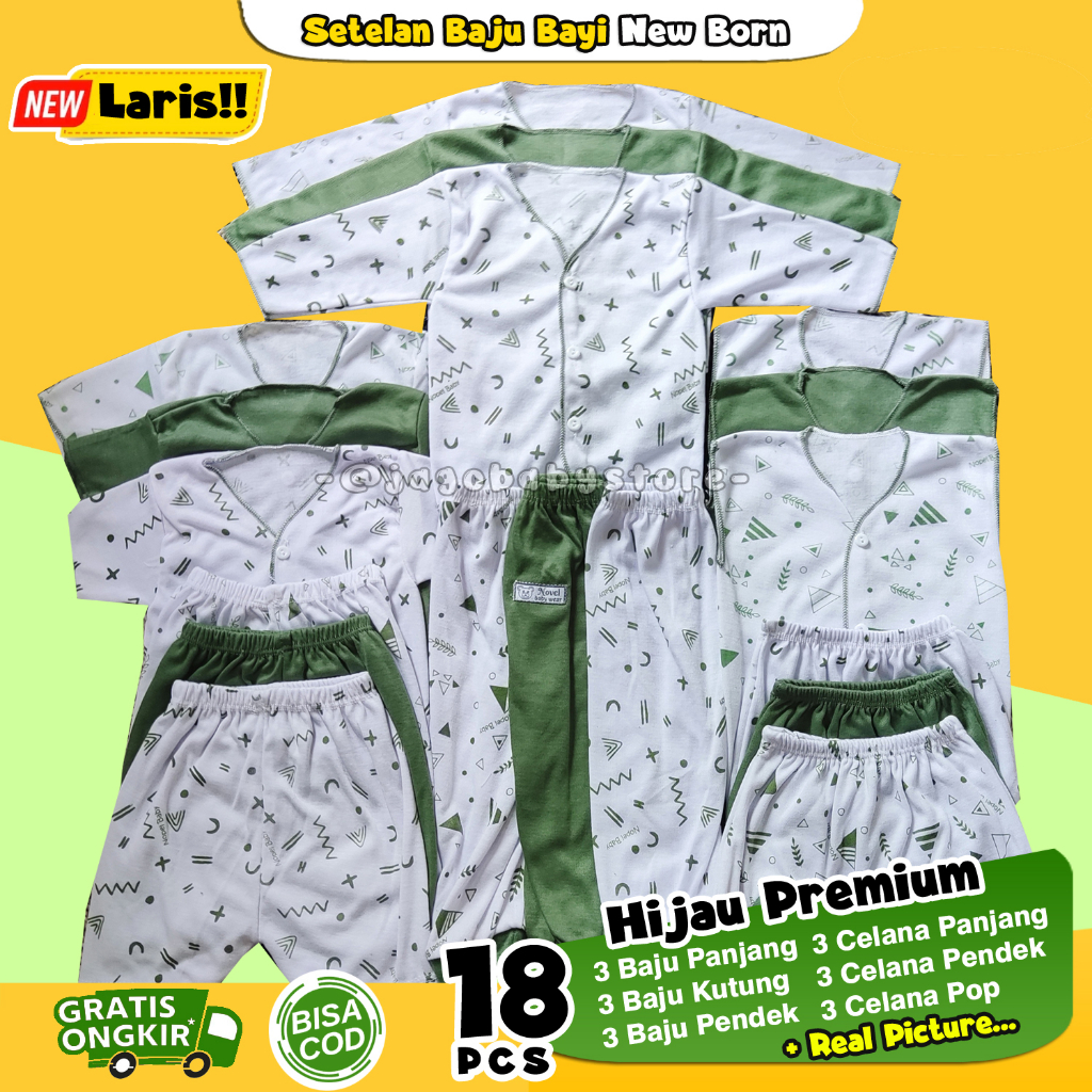 18 Pcs Paket Lahiran Baju Bayi Newborn Motif Hijau Tua