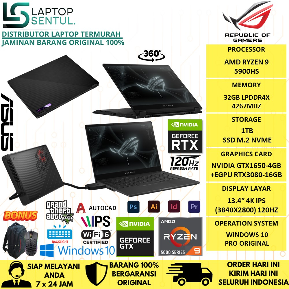 ASUS ROG FLOW X13 GV301QH AMD RYZEN 9 5980HS RAM 32GB SSD 1TB 4K UHD GTX1650-4GB + RTX3080-16GB 120HZ WINDOWS 10 PRO ORIGINAL