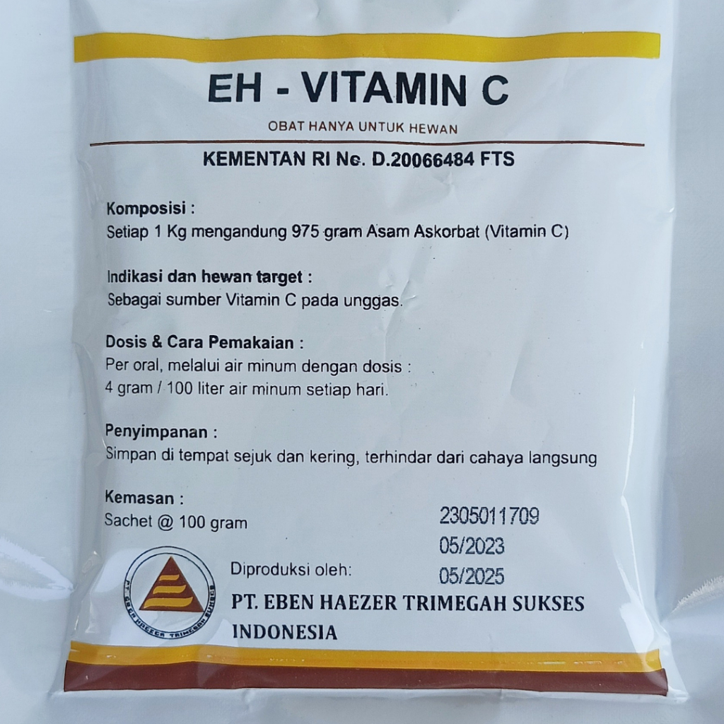 EH VITAMIN C (ASCORBIC ACID UNCOATED 97,5 %) 100 gram | Vitamin C Untuk Ternak Ayam Via Minum