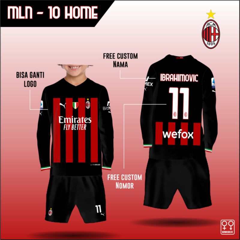 setelan Jersey tim AC MILAN set baju kaos bola anak tim AC MILAN HOME lengan panjang