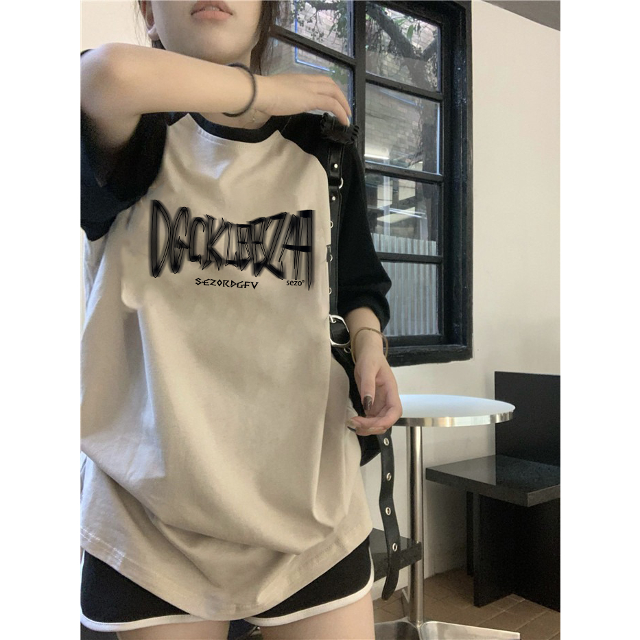 Baju Kaos Wanita Retro Lengan Raglan Oversize Letter Motif Graffiti T-Shirt Kekinian Import Kaos Basic