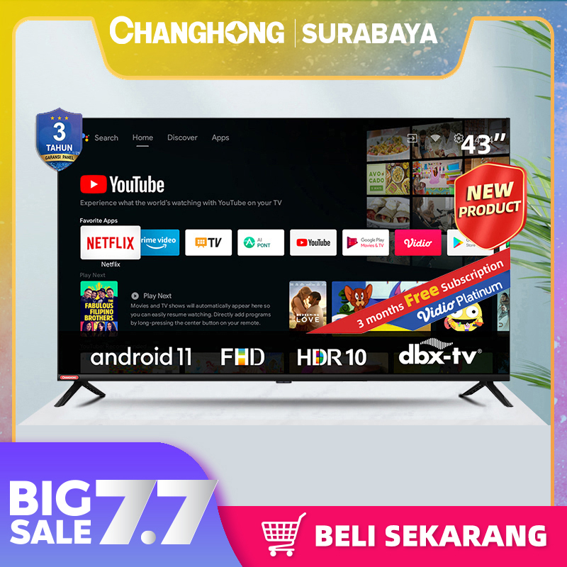 NEW Changhong 43 Inch L43G7N Android 11 Frameless Smart TV Digital LED TV FHD -Netflix-Youtube-Google Playstore