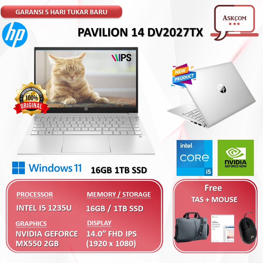 Laptop HP Pevilion 14 DV2027TX MX550 2GB I5 1235U 16GB 1TB SSD W11 OHS2021 14.0FHD IPS BLIT