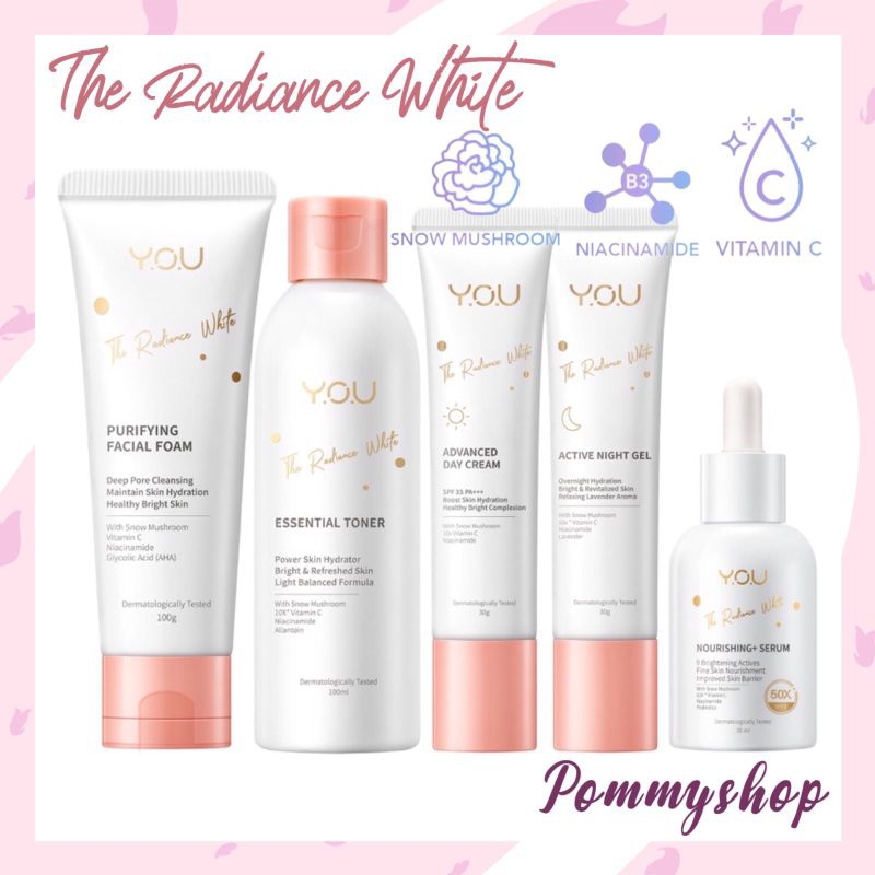 Kosmetik You Radiance White Series Paket (Essential toner,Day Cream,Night Gel,Facial Foam,Nourishing Serum)