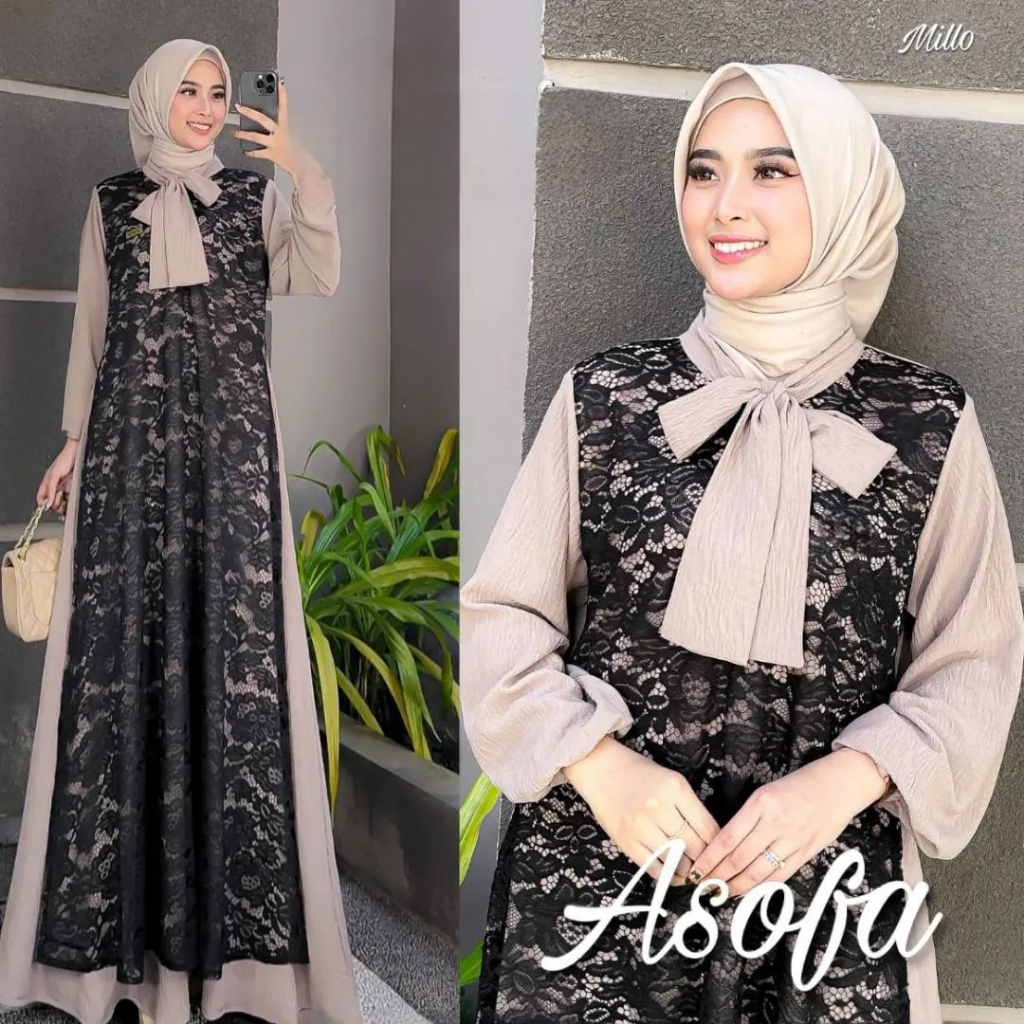 Asofa Dress Bahan Crinkle Airflow Mix Cornelli Baju Kondangan Wanita Kekinian Gamis Remaja Gaun Pesta Muslimah