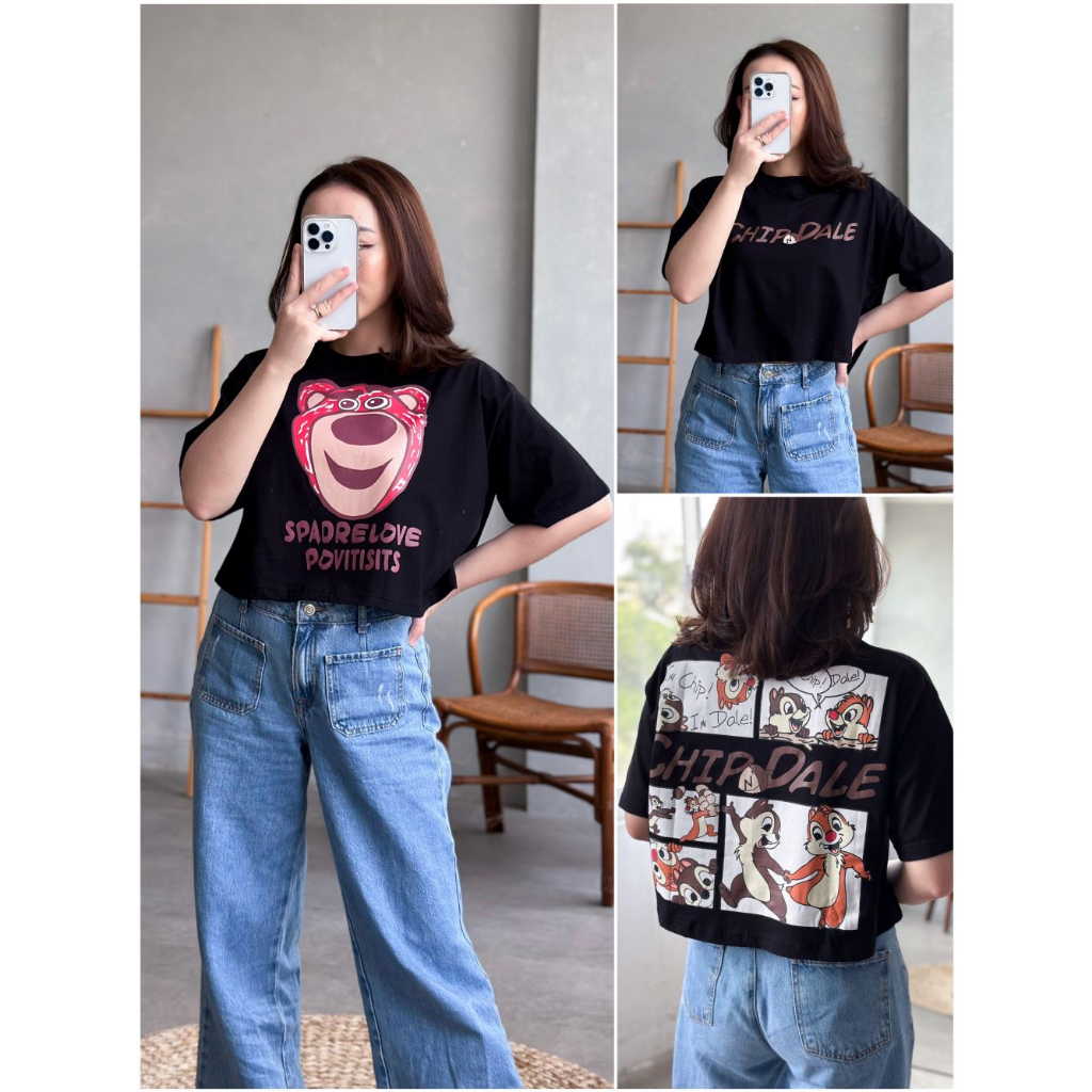 INFINITEE Kaos Croptop Oversized Lengan Pendek Motif Kartun