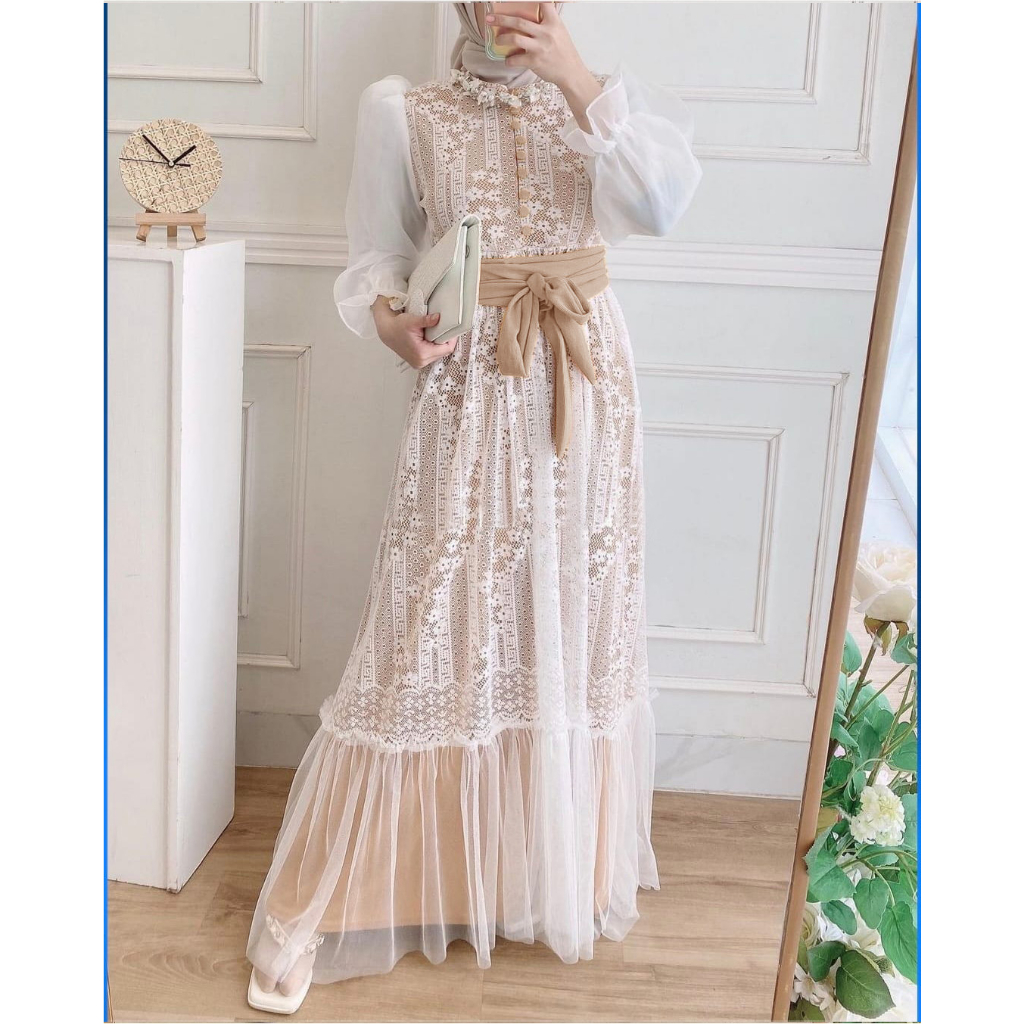 O2 Fashion / Inara dress maxi /tersedia size M L dan XL maxi busui dress busui/busui friendly/ maxi brukat cantik busui sleting depan