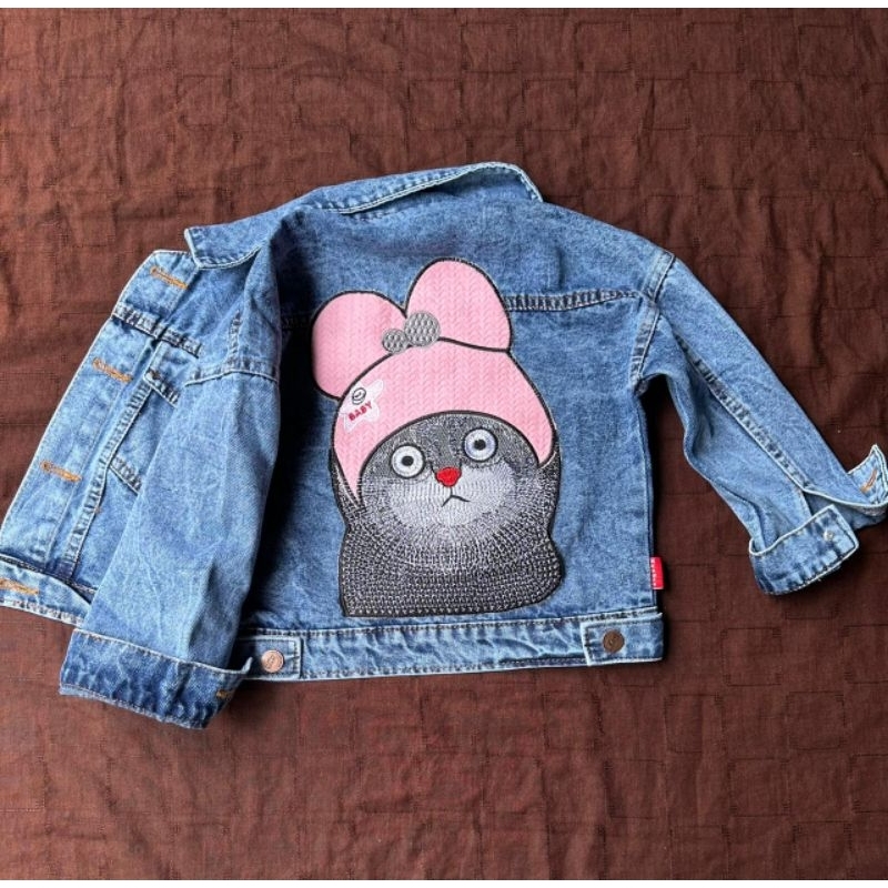 JAKET JEANS ANAK//JAKET ANAK PEREMPUAN KARAKTER BORDIR MEONG USIA 2-7 TAHUN