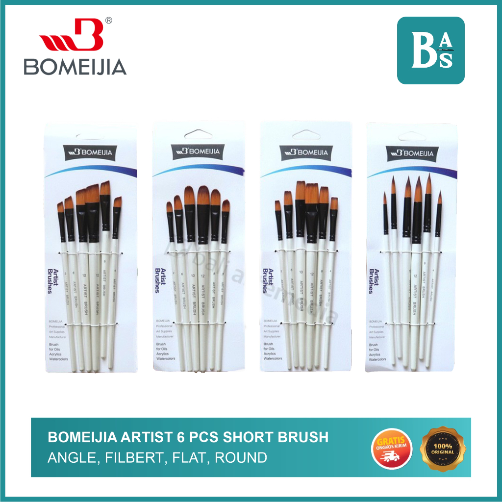 

Bomeijia - Short Handle Brush - Artist 6 pcs - Round/Filbert/Angle/Flat - Bali Art Supplies