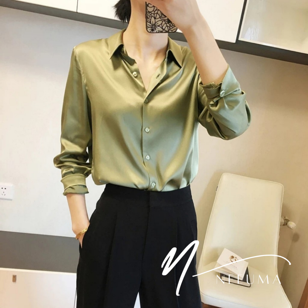 Neeuma Midela Kemeja Blouse Lengan Panjang Wanita Polos Warna Kekinian Korean Style Casual Kantor Im