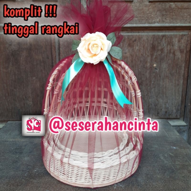 KERANJANG HANTARAN SANGKAR / AYUNAN ISI 3 PCS FREE TILE BUNGA DAN PITA KERANJANG SESERAHAN ROTAN