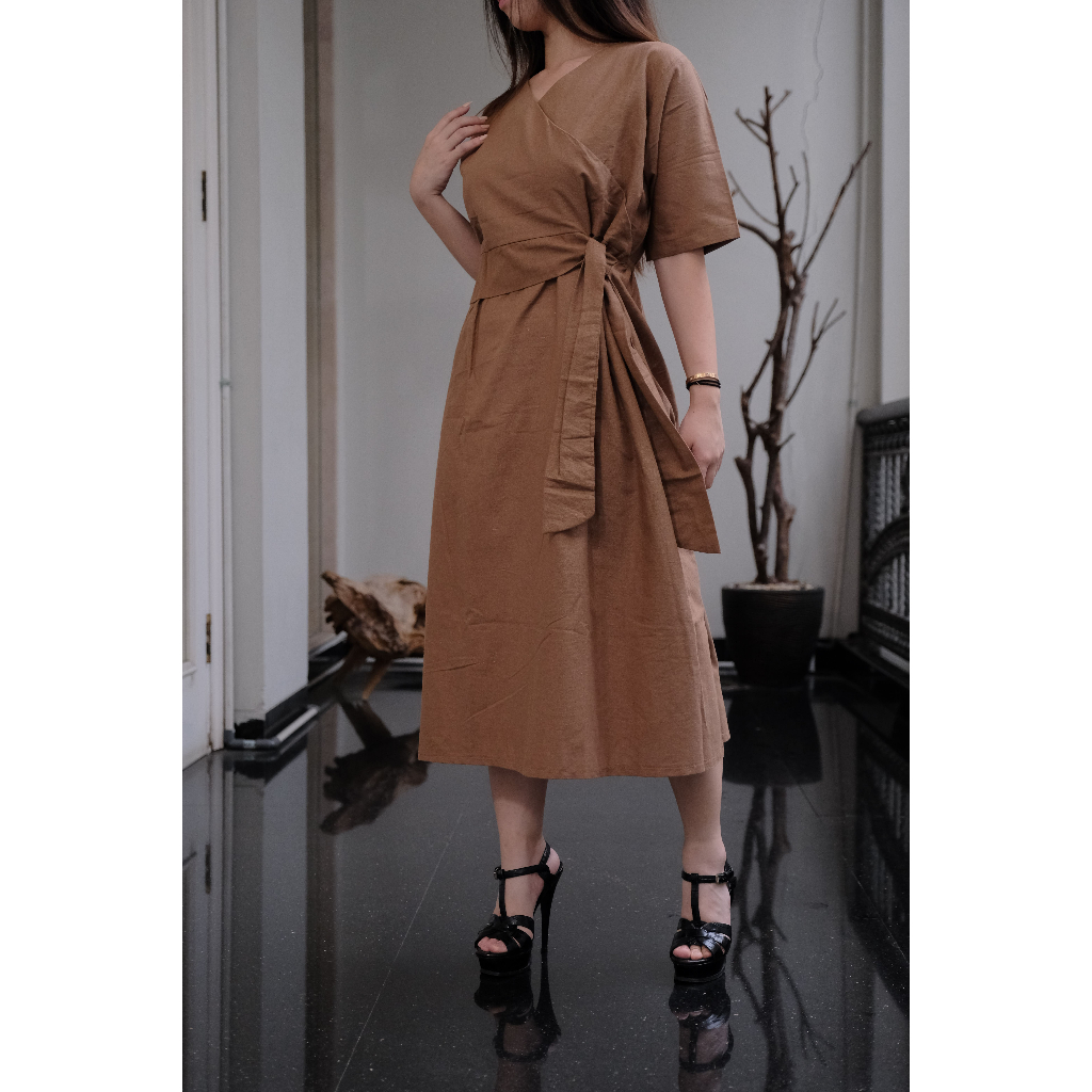 Women Wrap dress | Dress wanita ikat samping polos bahan Linen Premium Lebaran fashion muslim