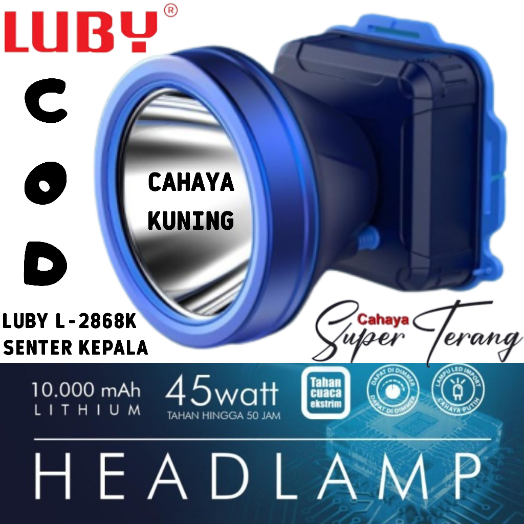Headlamp Luby LED L2868 senter kepala 45 watt CAHAYA KUNING cas ulang | Senter Kepala Luby L-2868K L