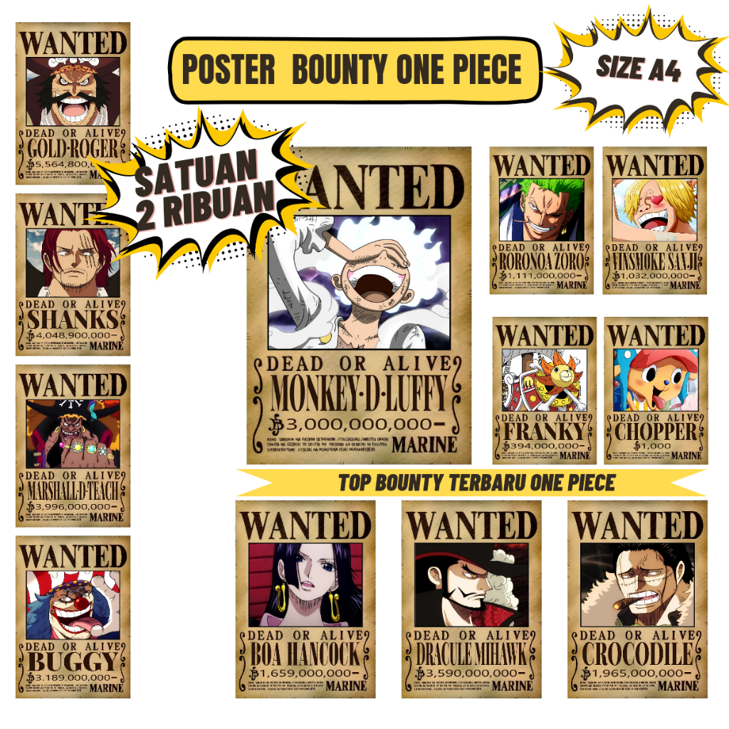 Poster Bounty One Piece Satuan Ukuran A4 / Poster anime Dekorasi Dinding / Poster Anime One Piece Te
