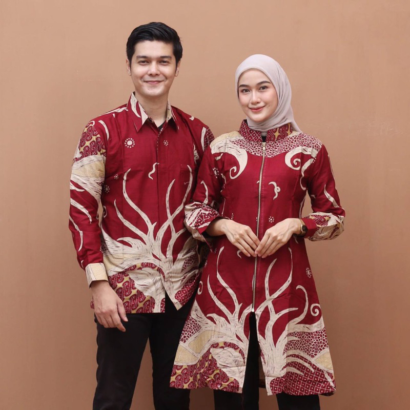 Atasan Baju Batik Couple Tunik Resleting Depan Batik Pekalongan Motif Akar Merah