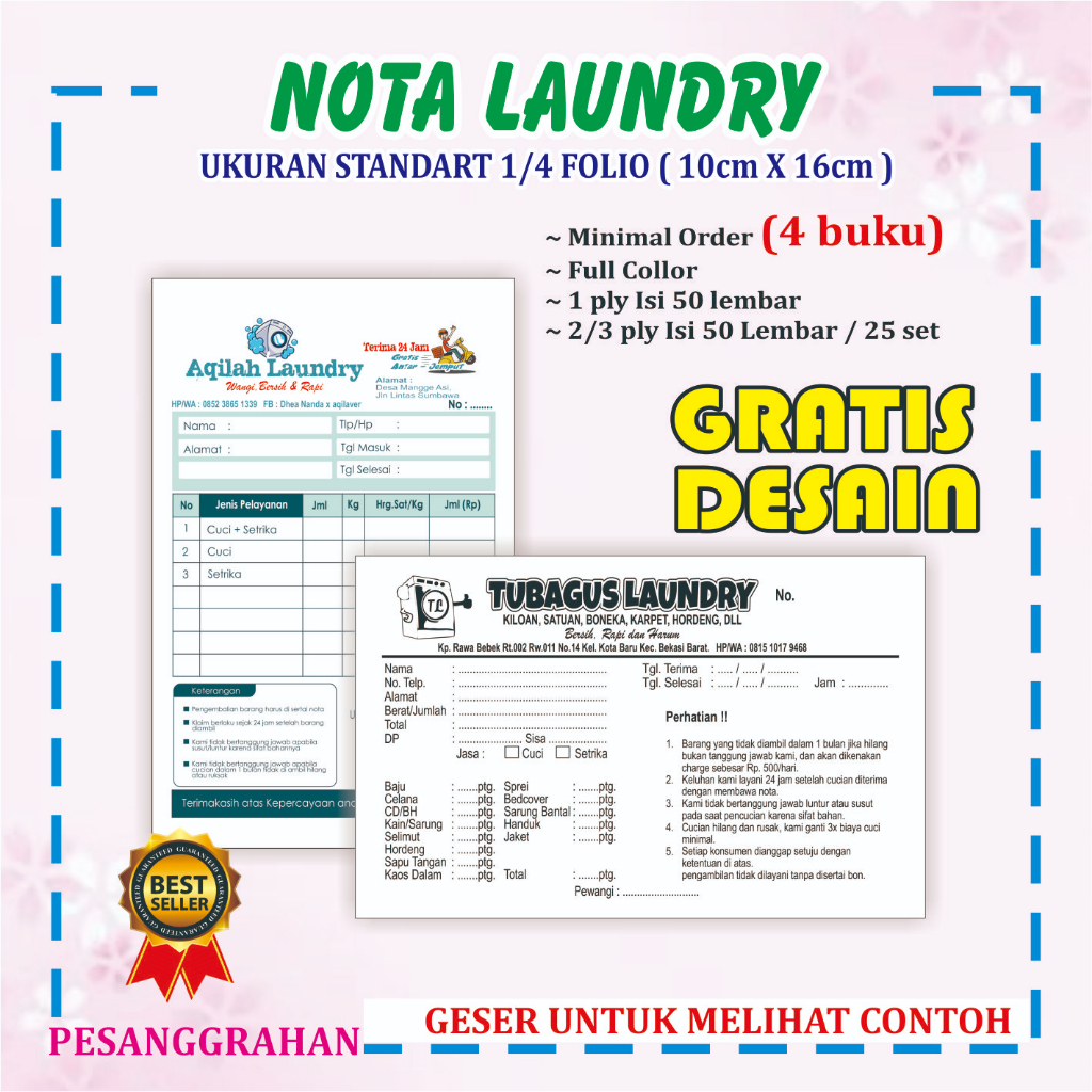 

BUKU NOTA LAUNDRY 1/4 FOLIO CUSTOM NAMA SENDIRI, NOTA LAUNDRY, Pesanggrahan Offset