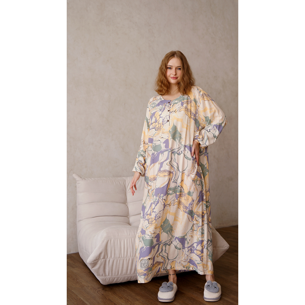 Nagita - Daster Gamis Lengan Panjang Bahan Rayon Twill Premium Baju Tidur Wanita Longdress Panjang D
